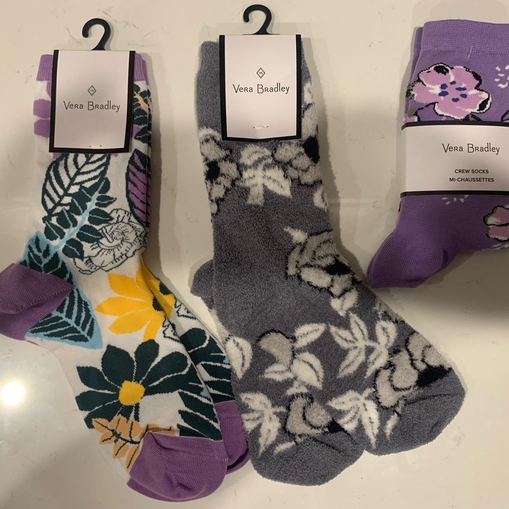 Vera Bradley Floral Crew Socks - Purple, Yellow, and Gray